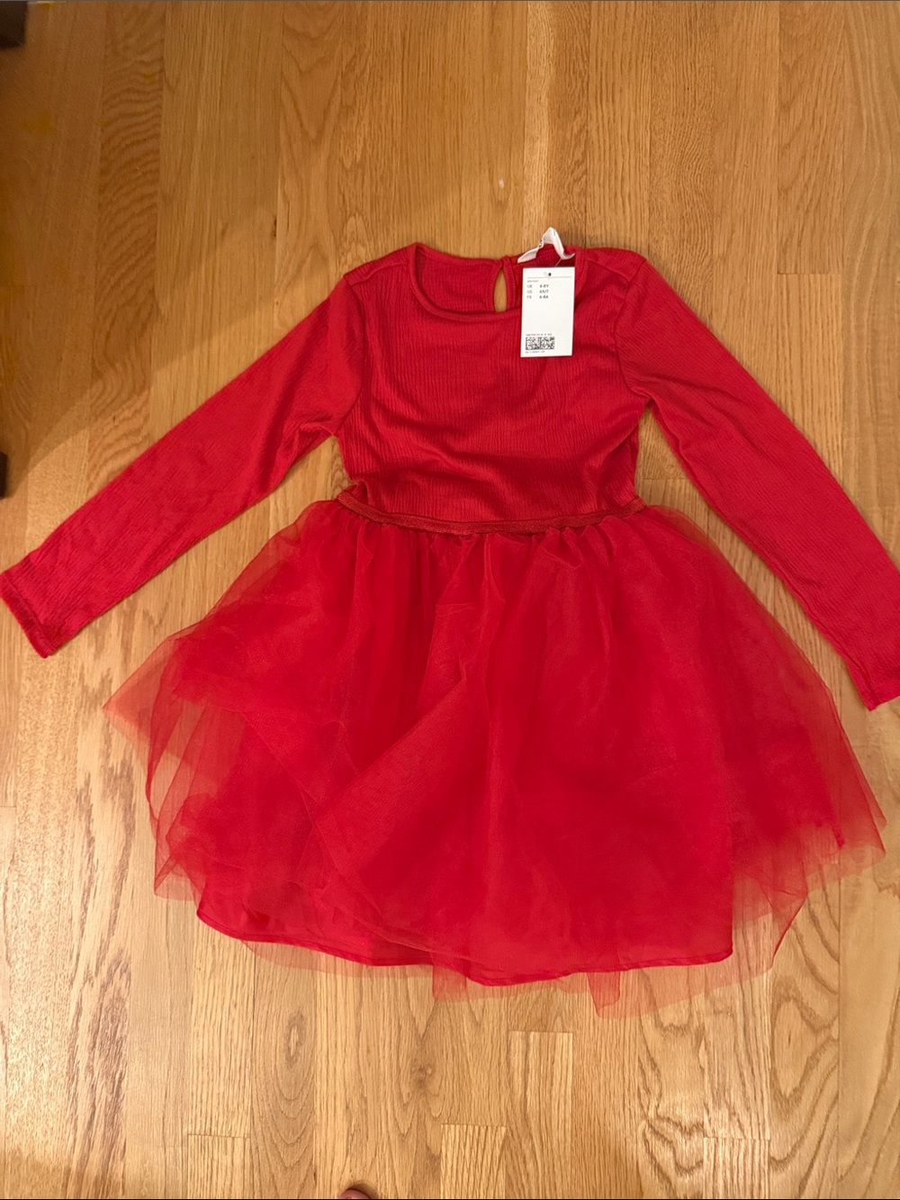 H&M Red Ribbed Girls Dress with Tulle Overlay